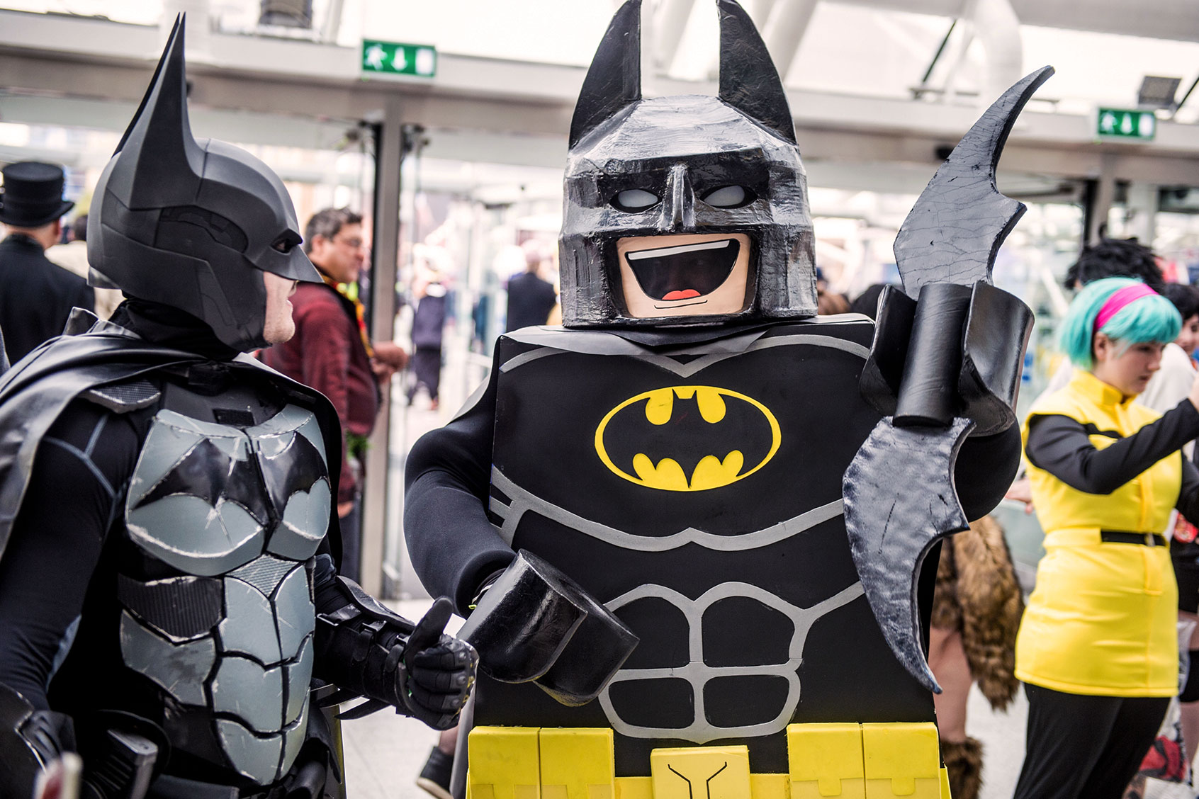 A batman cosplayer and a lego batman cosplayer in conversation during the MCM London Comic Con 2017 held at the ExCel on October 29, 2017 in London, England. (Ollie Millington/Getty Images)