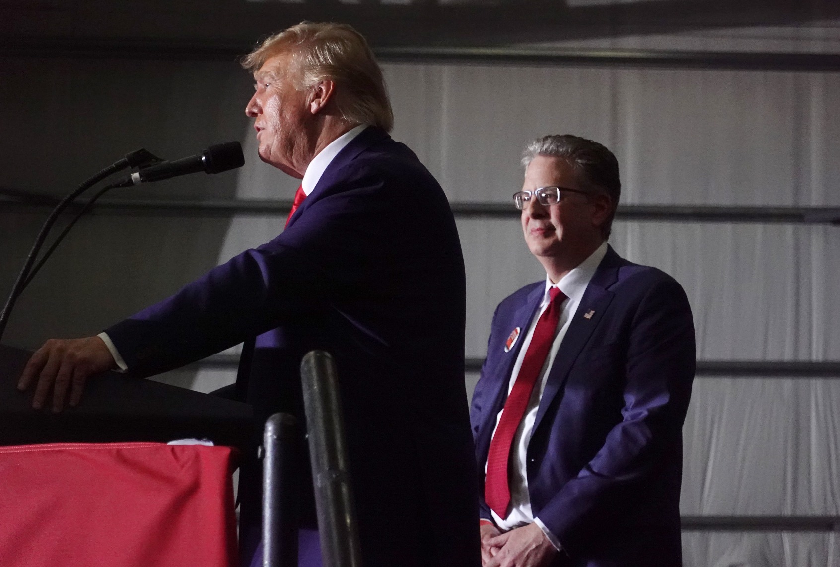 Former President Donald Trump endorses Matthew DePerno (R), who is running for the Michigan Republican party's nomination for state attorney general, during a rally on April 02, 2022 near Washington, Michigan. ( Scott Olson/Getty Images)