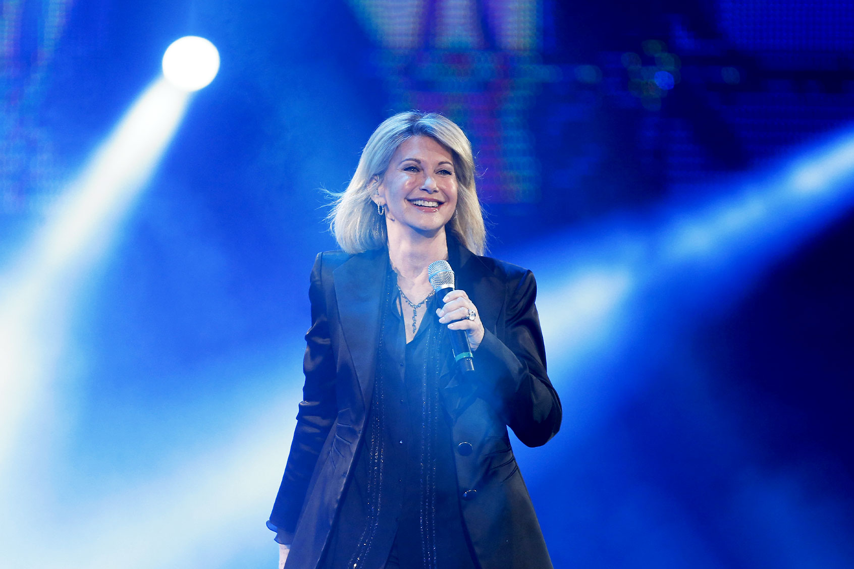 British-Australian singer Olivia Newton-John at the 58th Vina del Mar International Song Festival on February 23, 2017 in Vina del Mar, Chile. (PAUL PLAZA/AFP via Getty Images)