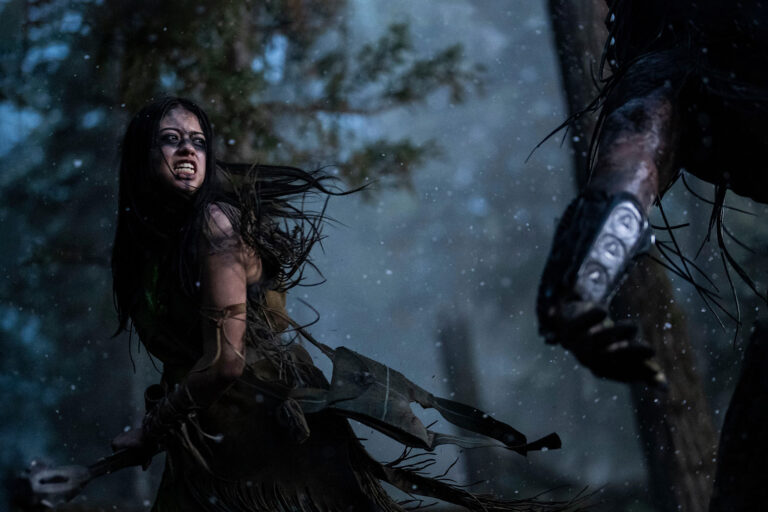 Naru (Amber Midthunder) and the Predator (Dane DiLiegro) in "Prey" (David Bukach/Hulu)