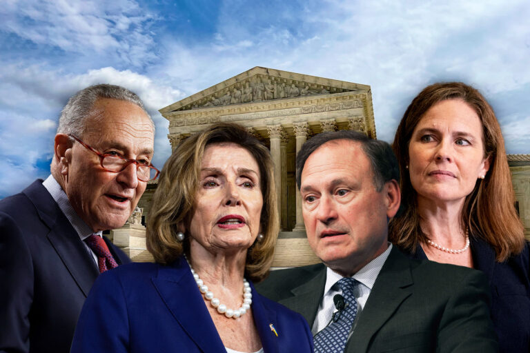Chuck Schumer, Nancy Pelosi, Samuel Alito and Amy Coney Barrett (Photo illustration by Salon/Getty Images)