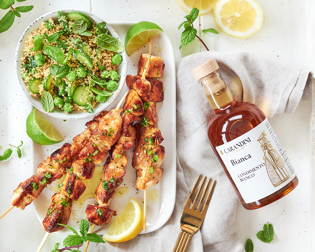 Grilled chicken skewers with Bianca Sweet White Vinegar (Carandini)