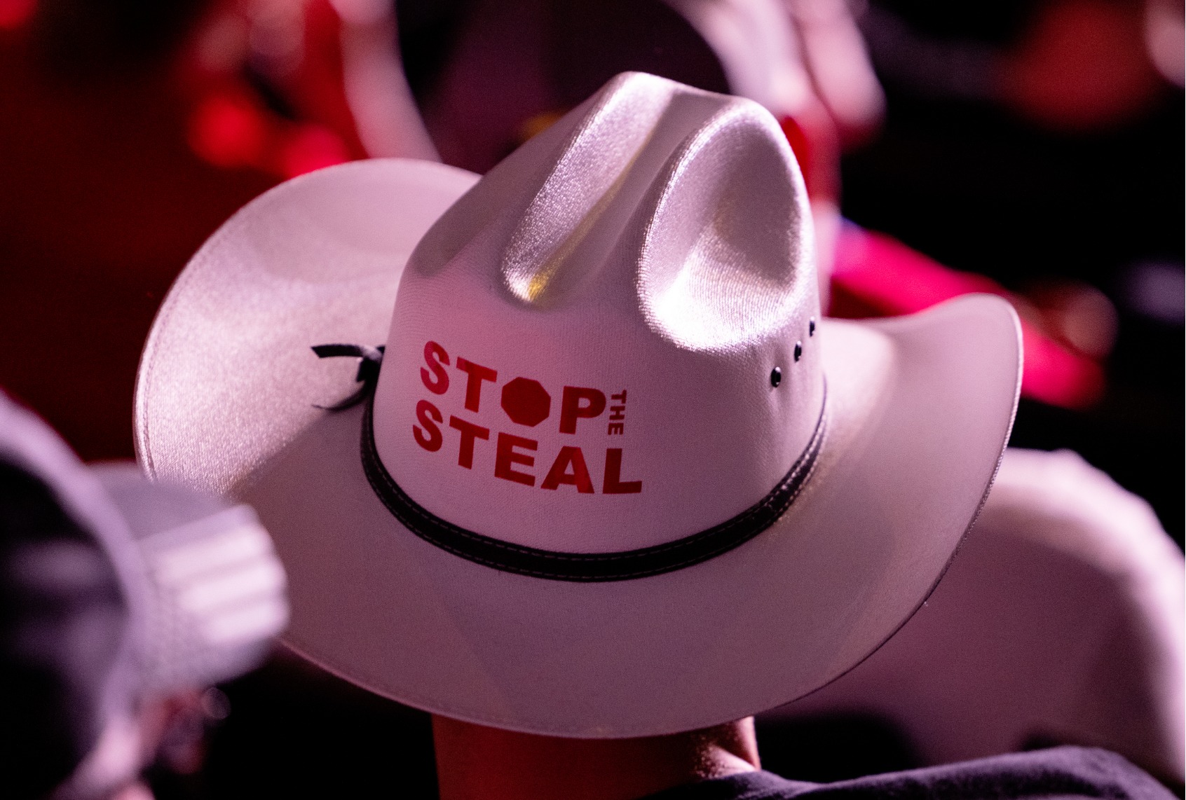 Person in a stop the steal cowboy hat at the Protect Our Elections Rally at the Arizona Federal Theater in Phoenix, AZ July 24, 2021. (Cassidy Araiza for The Washington Post via Getty Images)