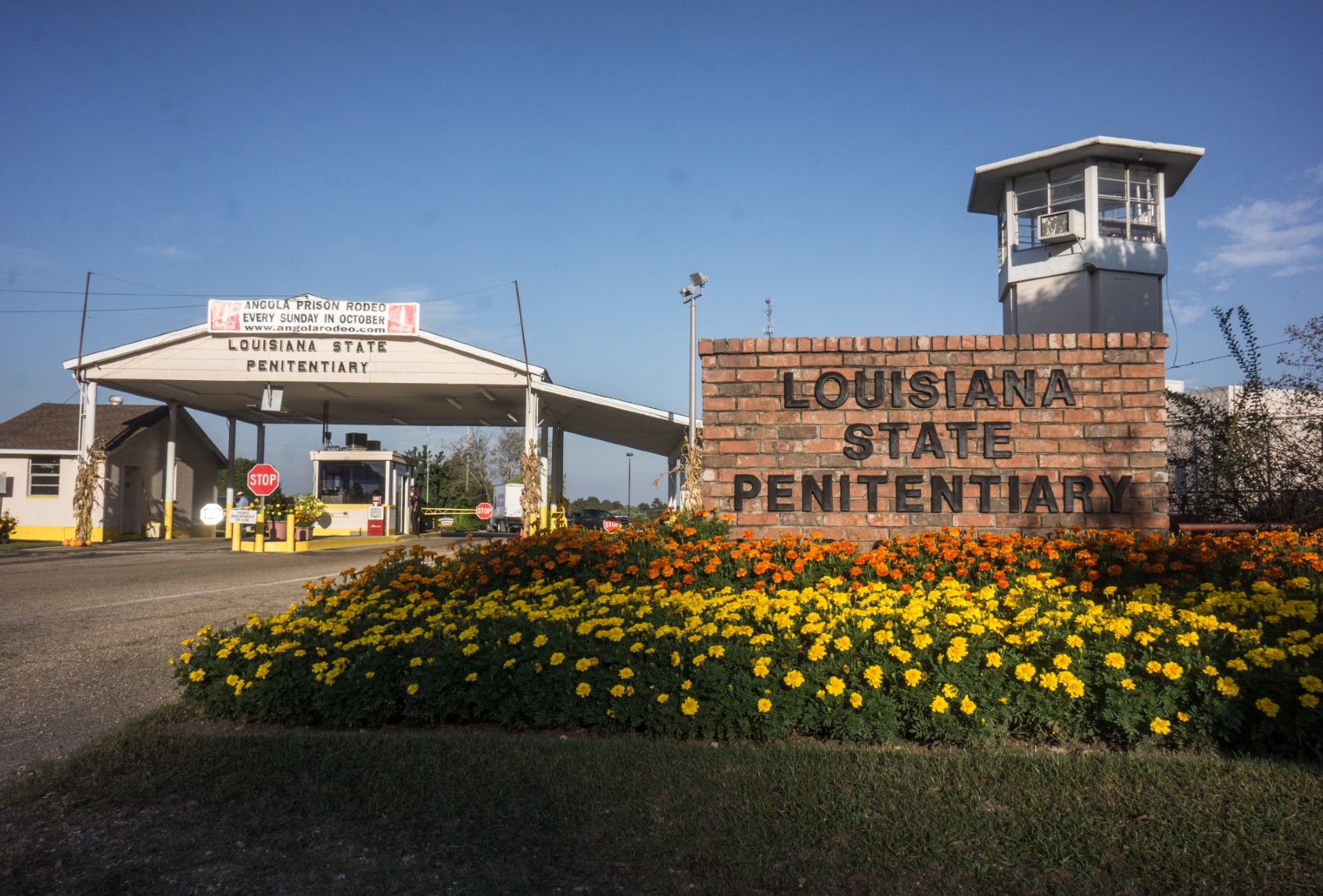 The entrance of Angola Prison, Louisiana. The Louisiana State Penitentiary, also known as Angola, and nicknamed the "Alcatraz of the South" and "The Farm" is a maximum-security prison farm in Louisiana operated by the Louisiana Department of Public Safety & Corrections. (Giles Clarke/Getty Images)