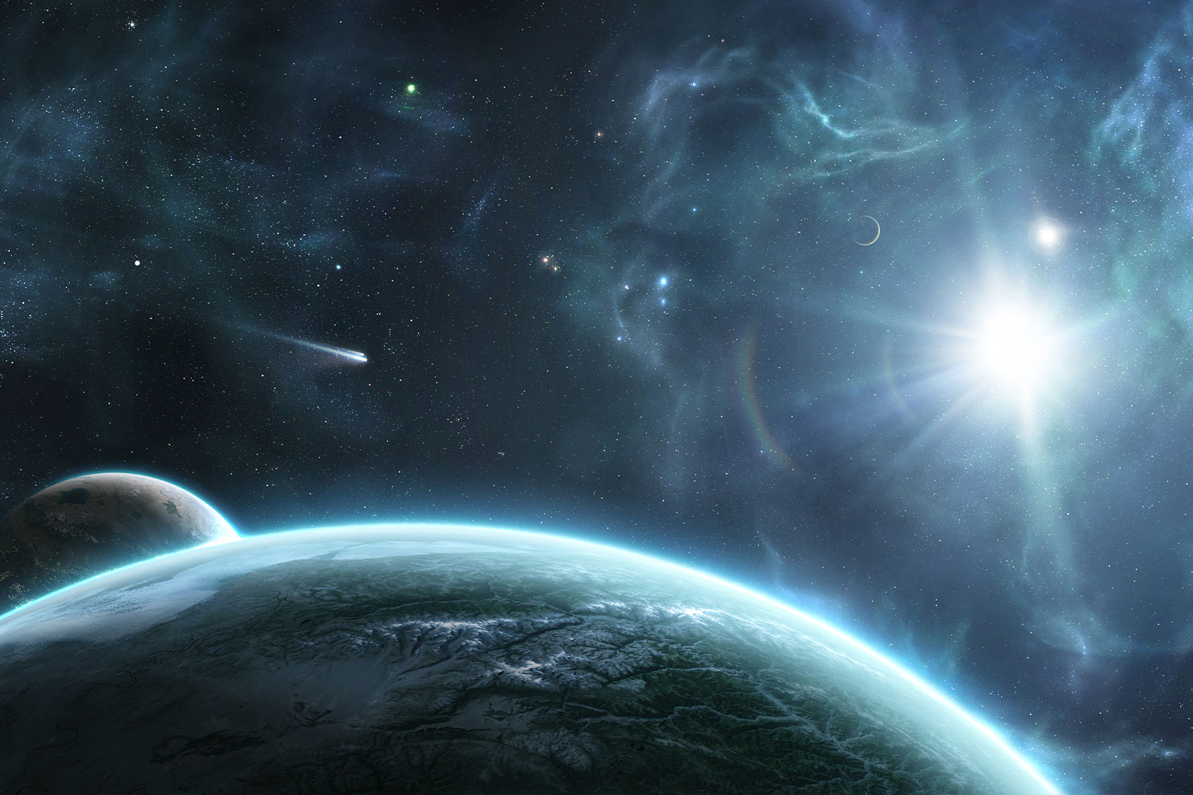 Digitally created space scene with the orbital view on the Earth-like planet and it's moons (Getty Images/Lev Savitskiy)