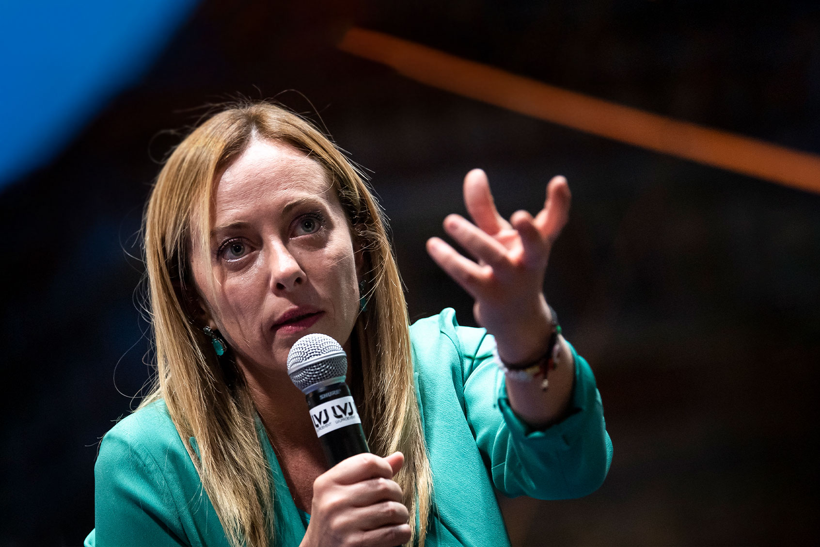 Giorgia Meloni, leader of Italian far-right party Fratelli d'Italia (Brothers of Italy), gestures during a rally as part of the campaign for general elections. (Nicolò Campo/LightRocket via Getty Images)