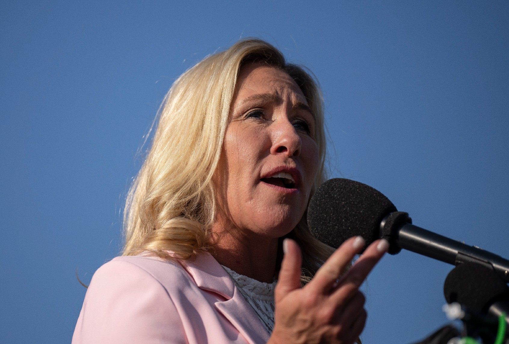 U.S. Rep. Marjorie Taylor Greene (R-GA) speaks at a news conference with members of the House Freedom Caucus on Capitol Hill September 15, 2022 in Washington, DC (Drew Angerer/Getty Images)