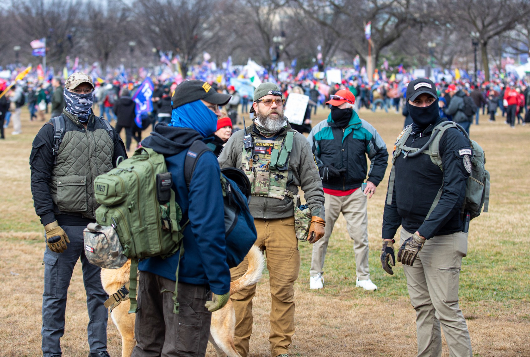 Men belonging to the Oath Keepers wearing military tactical gear attend the "Stop the Steal" rally on January 06, 2021 in Washington, DC. (Robert Nickelsberg/Getty Images)