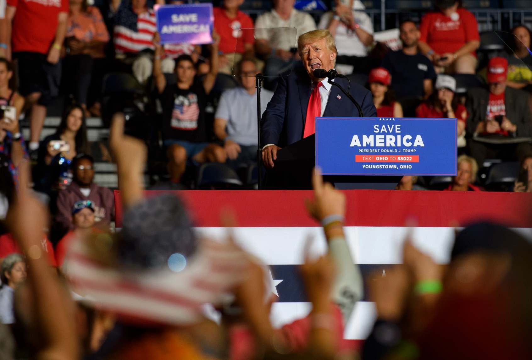 Audience members put their index finger up to symbolize America First while Donald Trump speaks at a Save America Rally to support Republican candidates running for state and federal offices in the state of Ohio at the Covelli Centre on September 17, 2022 in Youngstown, Ohio. ( Jeff Swensen/Getty Images)