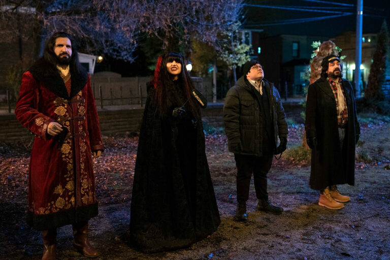 Kayvan Novak as Nandor, Natasia Demetriou as Nadja, Harvey Guillén as Guillermo and Matt Berry as Laszlo in "What We Do in the Shadows" (Russ Martin/FX)