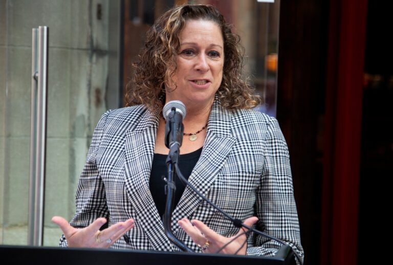 Abigail Disney speaks at Firehouse DCTV's Cinema For Documentary Film Ribbon Cutting Ceremony on September 20, 2022 in New York City. (Santiago Felipe/Getty Images)