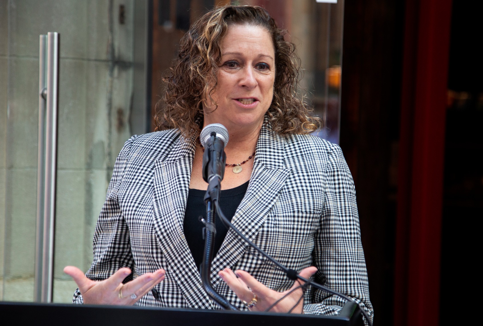 Abigail Disney speaks at Firehouse DCTV's Cinema For Documentary Film Ribbon Cutting Ceremony on September 20, 2022 in New York City. (Santiago Felipe/Getty Images)