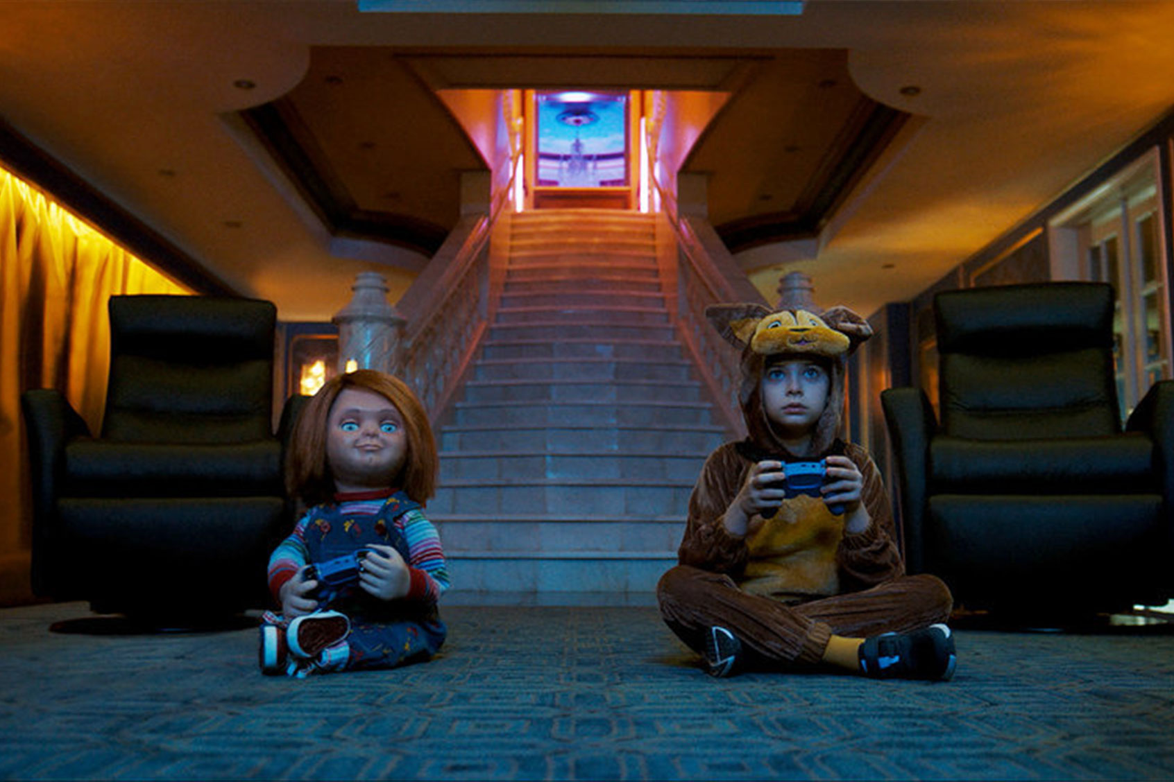 Chucky and Carina Battrick as Caroline Cross in "Chucky" (SYFY)