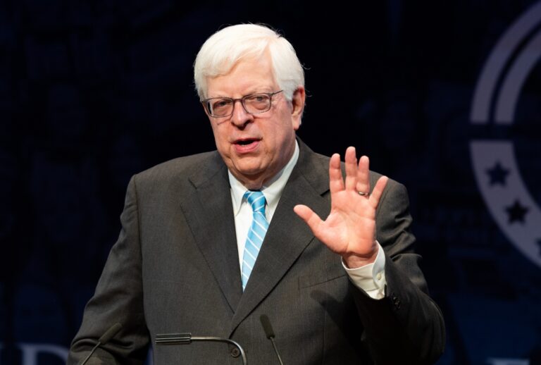 Dennis Prager speaking at the Turning Point High School Leadership Summit in Washington, DC. (Michael Brochstein/SOPA Images/LightRocket via Getty Images)
