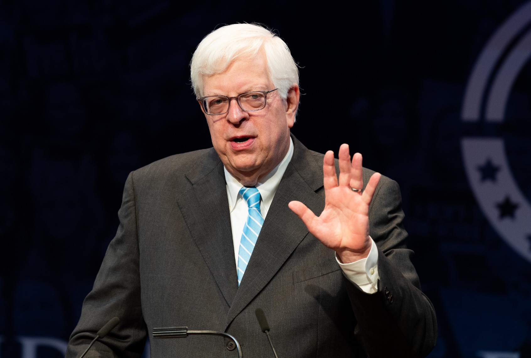 Dennis Prager speaking at the Turning Point High School Leadership Summit in Washington, DC. (Michael Brochstein/SOPA Images/LightRocket via Getty Images)