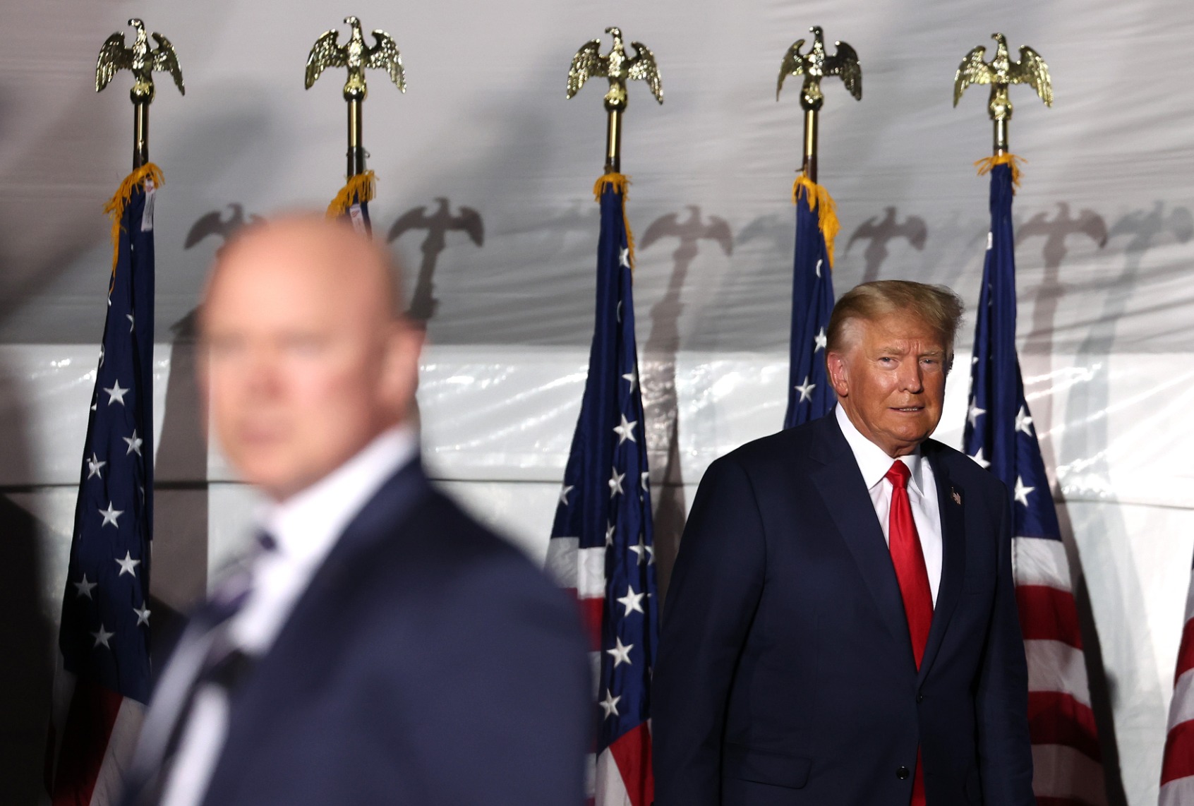 Former President Donald Trump greets supporters during a campaign rally at Minden-Tahoe Airport on October 08, 2022 in Minden, Nevada. (Justin Sullivan/Getty Images)