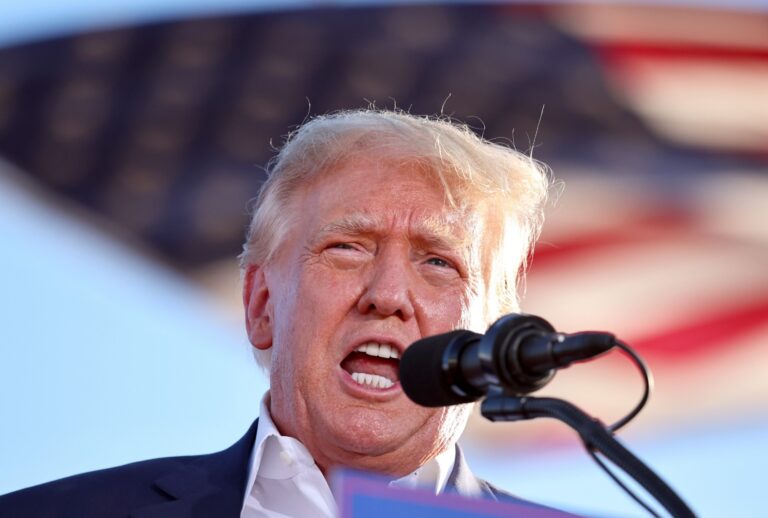 Former U.S. President Donald Trump speaks at a campaign rally at Legacy Sports USA on October 09, 2022 in Mesa, Arizona. (Mario Tama/Getty Images)