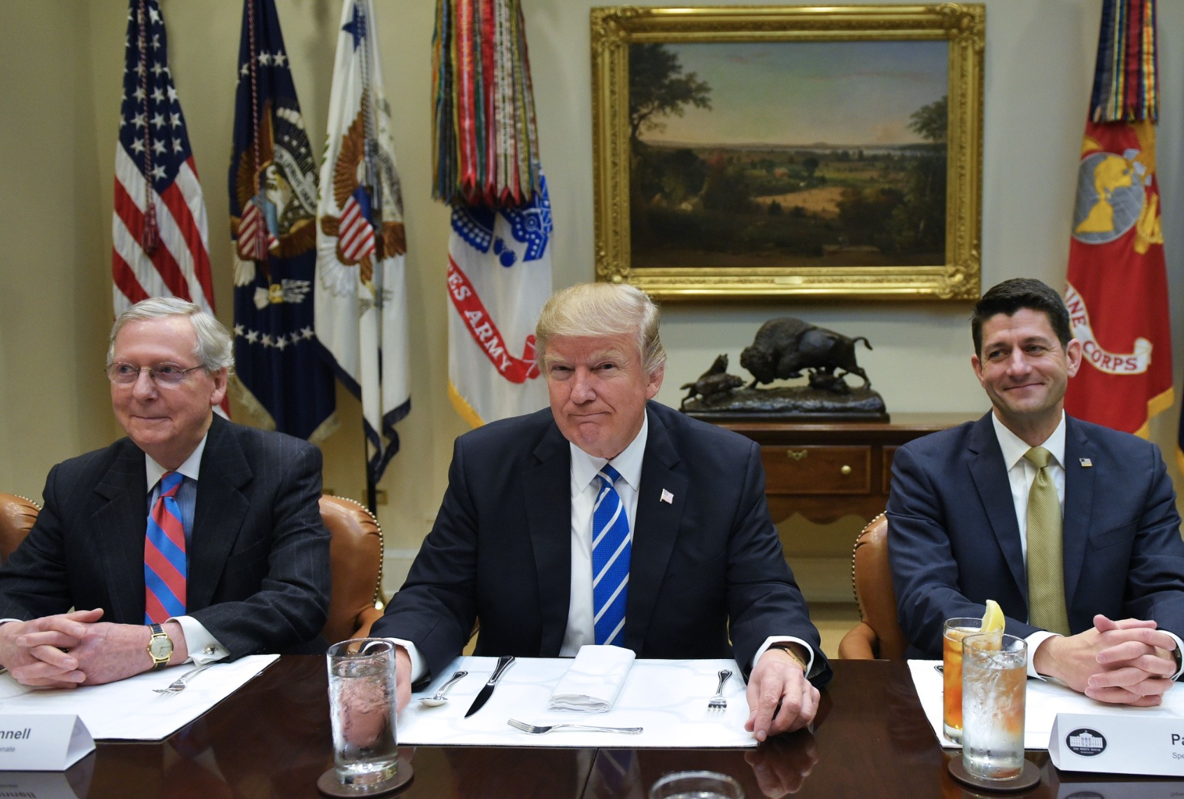 Former President Donald Trump seated Senate Republican Leader Mitch McConnell and then-House Speaker Paul Ryan in the Roosevelt Room of the White House in Washington, DC on March 1, 2017. (MANDEL NGAN/AFP via Getty Images)