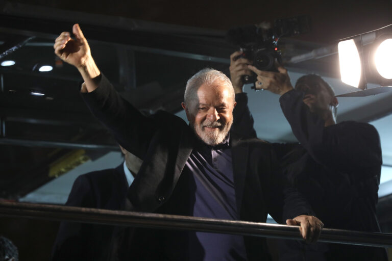 Worker's Party candidate Luiz Inácio Lula da Silva waves to supporters on Election Day, Oct. 2, 2022, in São Paulo, Brazil. (Rodrigo Paiva/Getty Images)