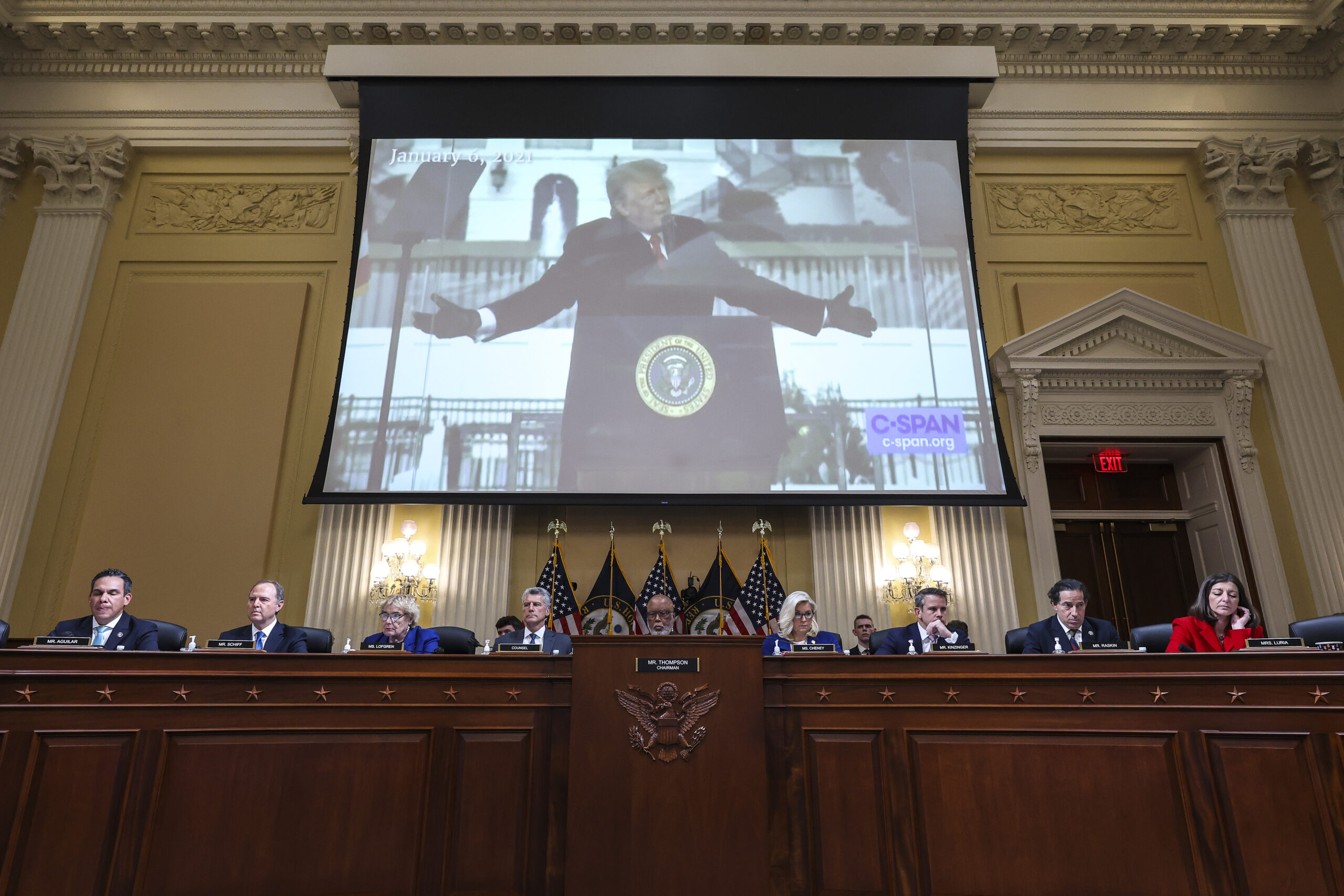A video of former President Donald Trump is played during a hearing by the House Select Committee to Investigate the January 6th Attack on the U.S. Capitol on Oct. 13. (Alex Wong/Getty Images)