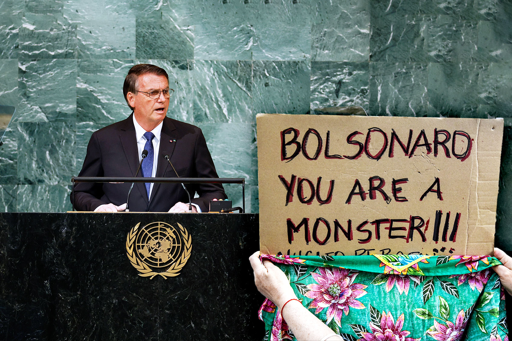 Brazilian President Jair Bolsonaro speaks during the 77th session of the United Nations General Assembly (UNGA) at U.N. headquarters | Protest sign (Photo illustration by Salon/Getty Images)
