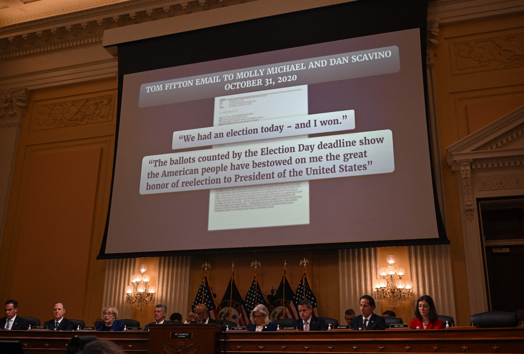 Documents are presented during a US House Select Committee hearing to Investigate the January 6 Attack on the US Capitol, on Capitol Hill in Washington, DC, on October 13, 2022. (MANDEL NGAN/AFP via Getty Images)