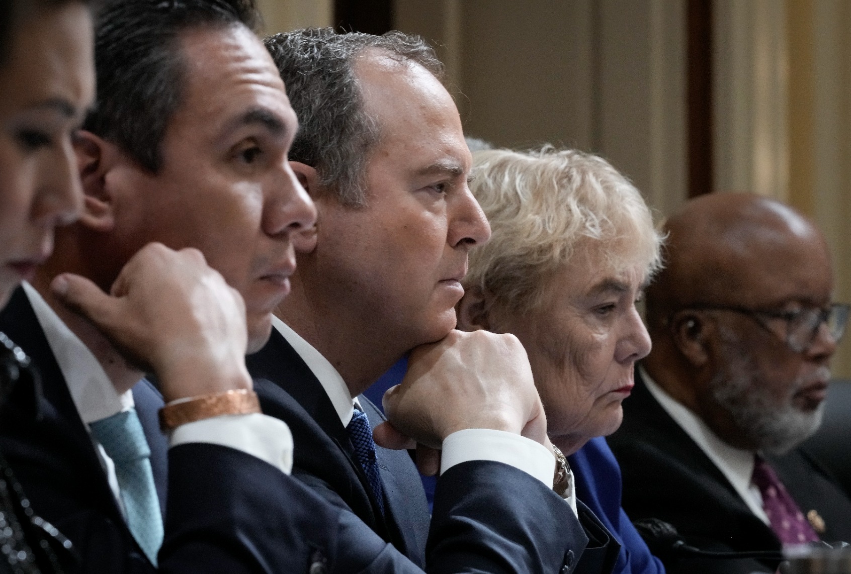 Rep. Adam Schiff (C) (D-CA) listens to testimony with other committee members during a hearing on the January 6th investigation in the Cannon House Office Building on October 13, 2022 in Washington, DC. (Drew Angerer/Getty Images)