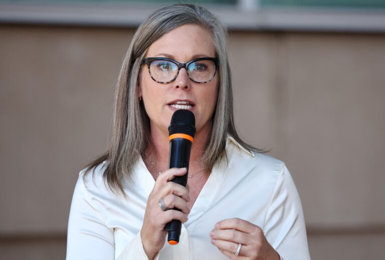 Arizona Secretary of State and Democratic gubernatorial candidate Katie Hobbs speaks at a press conference on October 7, 2022 in Tucson, Arizona. (Mario Tama/Getty Images)