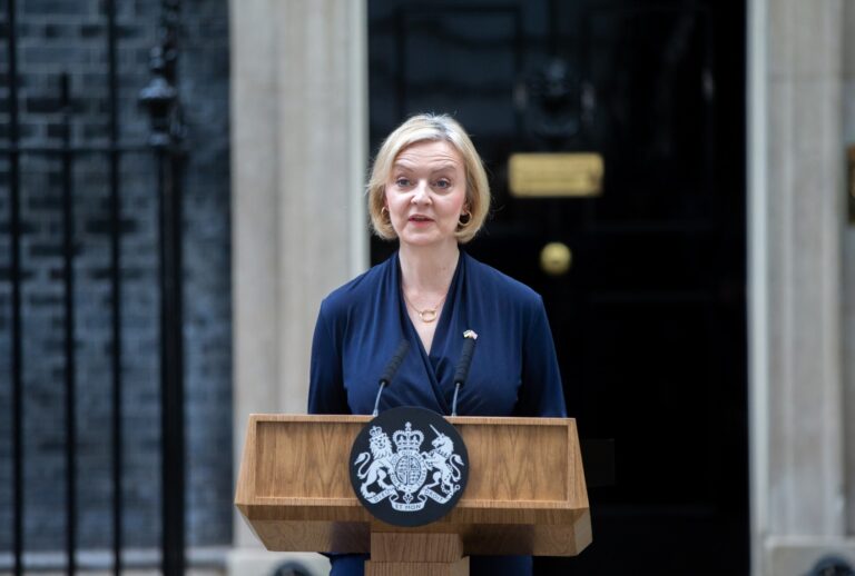UK Prime Minister Liz Truss is seen making resignation statement outside 10 Downing Street after 44 days in office in London, United Kingdom on October 20, 2022. (Stringer/Anadolu Agency via Getty Images)