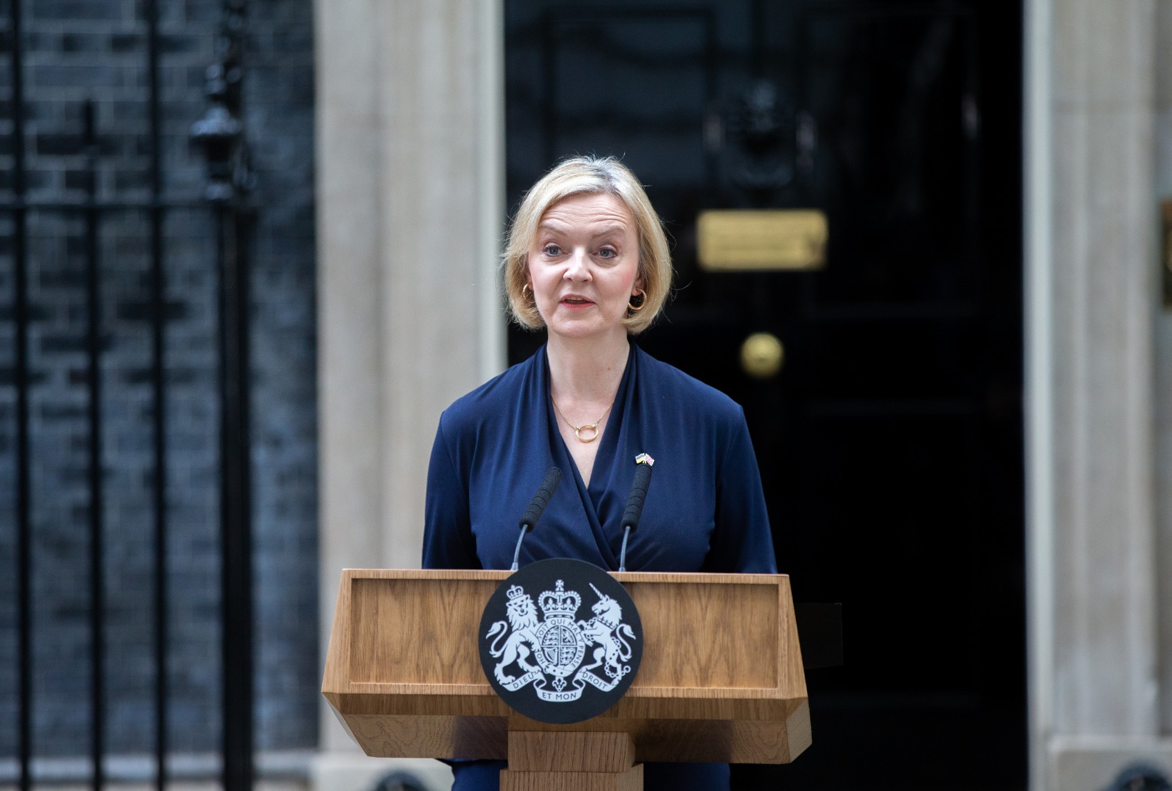 UK Prime Minister Liz Truss is seen making resignation statement outside 10 Downing Street after 44 days in office in London, United Kingdom on October 20, 2022. (Stringer/Anadolu Agency via Getty Images)