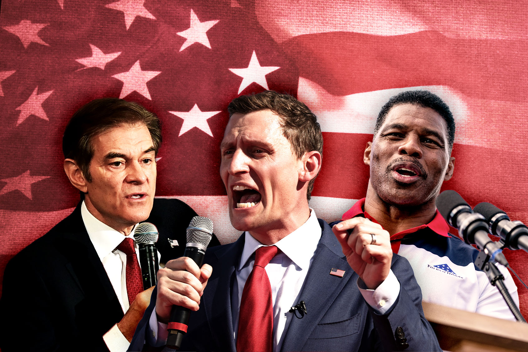 Republican Senate candidates Mehmet Oz, Blake Masters and Herschel Walker (Photo illustration by Salon/Getty Images)