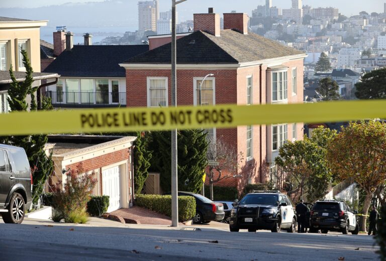 Police take measurements around Speaker of the United States House of Representatives Nancy Pelosi's home after her husband Paul Pelosi was assaulted with hammer inside their Pacific Heights home early morning on October 28, 2022 in San Francisco, California (Tayfun Coskun/Anadolu Agency via Getty Images)