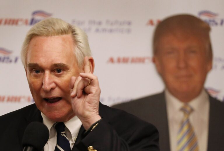 Roger Stone, a longtime political adviser and friend to former President Donald Trump, speaks before signing copies of his book "The Making of the President 2016" at the Boca Raton Marriott on March 21, 2017 in Boca Raton, Florida. (Joe Raedle/Getty Images)