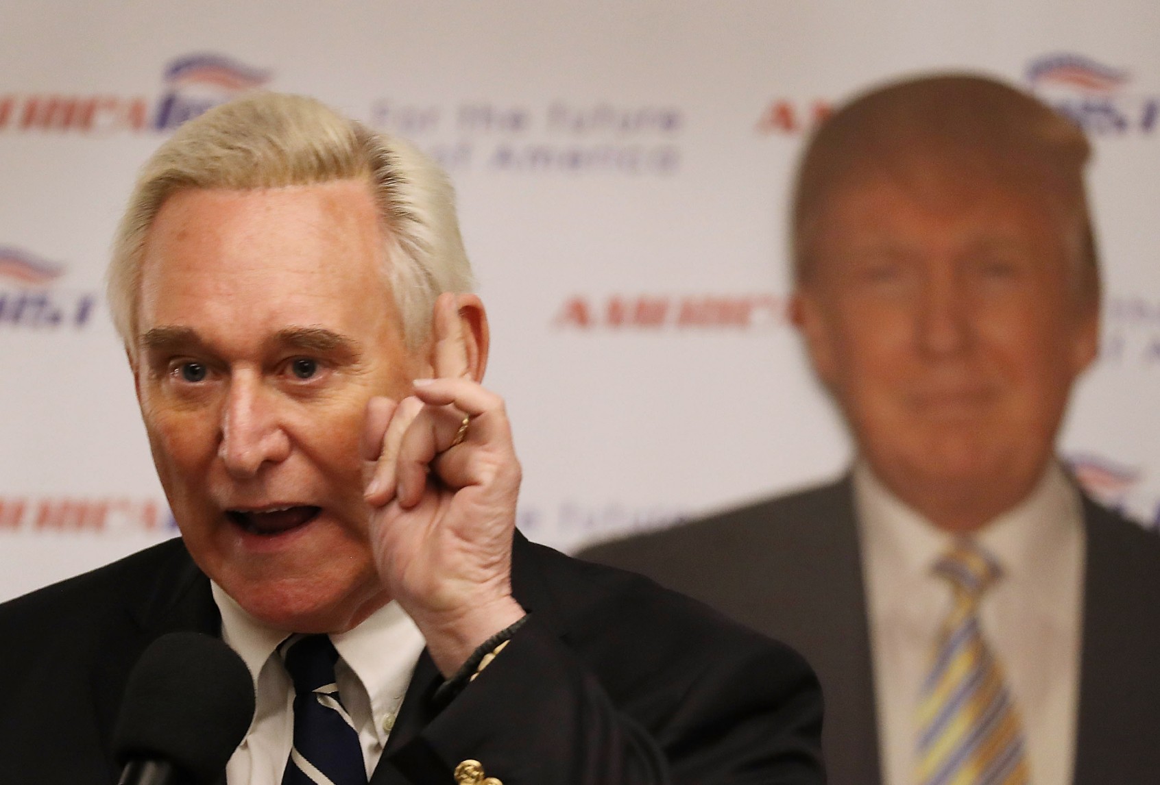 Roger Stone, a longtime political adviser and friend to former President Donald Trump, speaks before signing copies of his book "The Making of the President 2016" at the Boca Raton Marriott on March 21, 2017 in Boca Raton, Florida. (Joe Raedle/Getty Images)