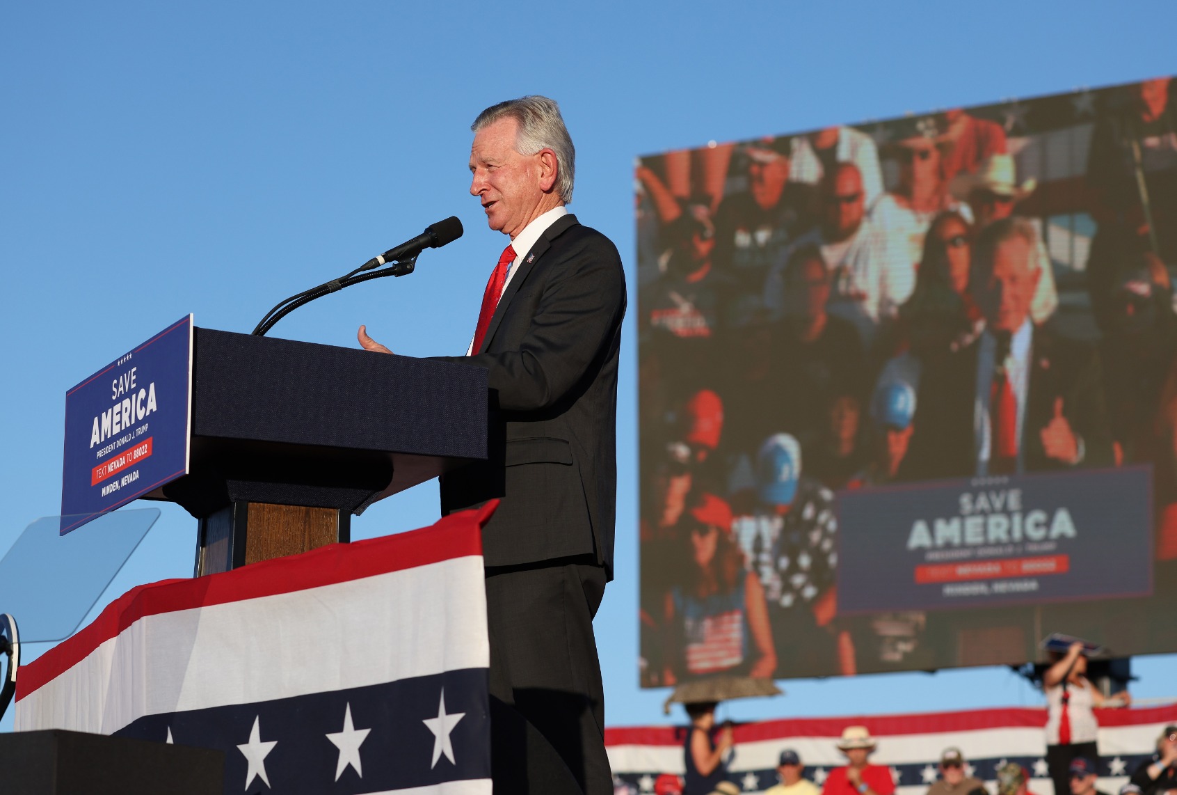 Sen. Tommy Tuberville (R-AL) speaks during a campaign rally at Minden-Tahoe Airport on October 08, 2022 in Minden, Nevada. (Justin Sullivan/Getty Images)