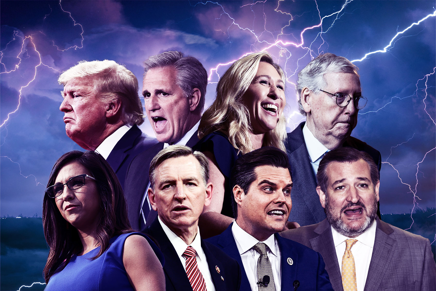 Donald Trump, Kevin McCarthy, Marjorie Taylor Greene, Mitch McConnell, Lauren Boebert, Paul Gosar, Matt Gaetz, and Ted Cruz (Photo illustration by Salon/Getty Images)