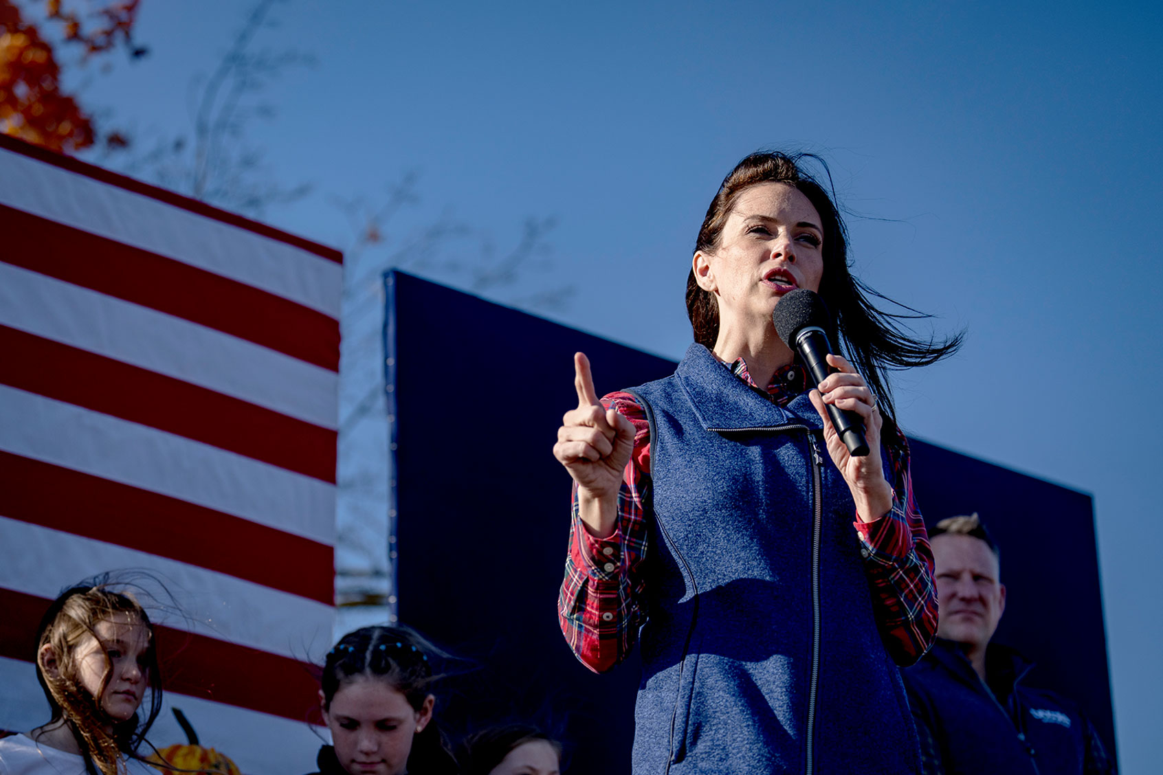 Republican gubernatorial candidate Tudor Dixon addresses the crowd during a "fall family" rally at Mueller's Orchard on October 22, 2022 in Linden, Michigan. Dixon is challenging Michigan incumbent Democratic Governor Gretchen Whitmer in the November midterm election. (Nic Antaya/Getty Images)