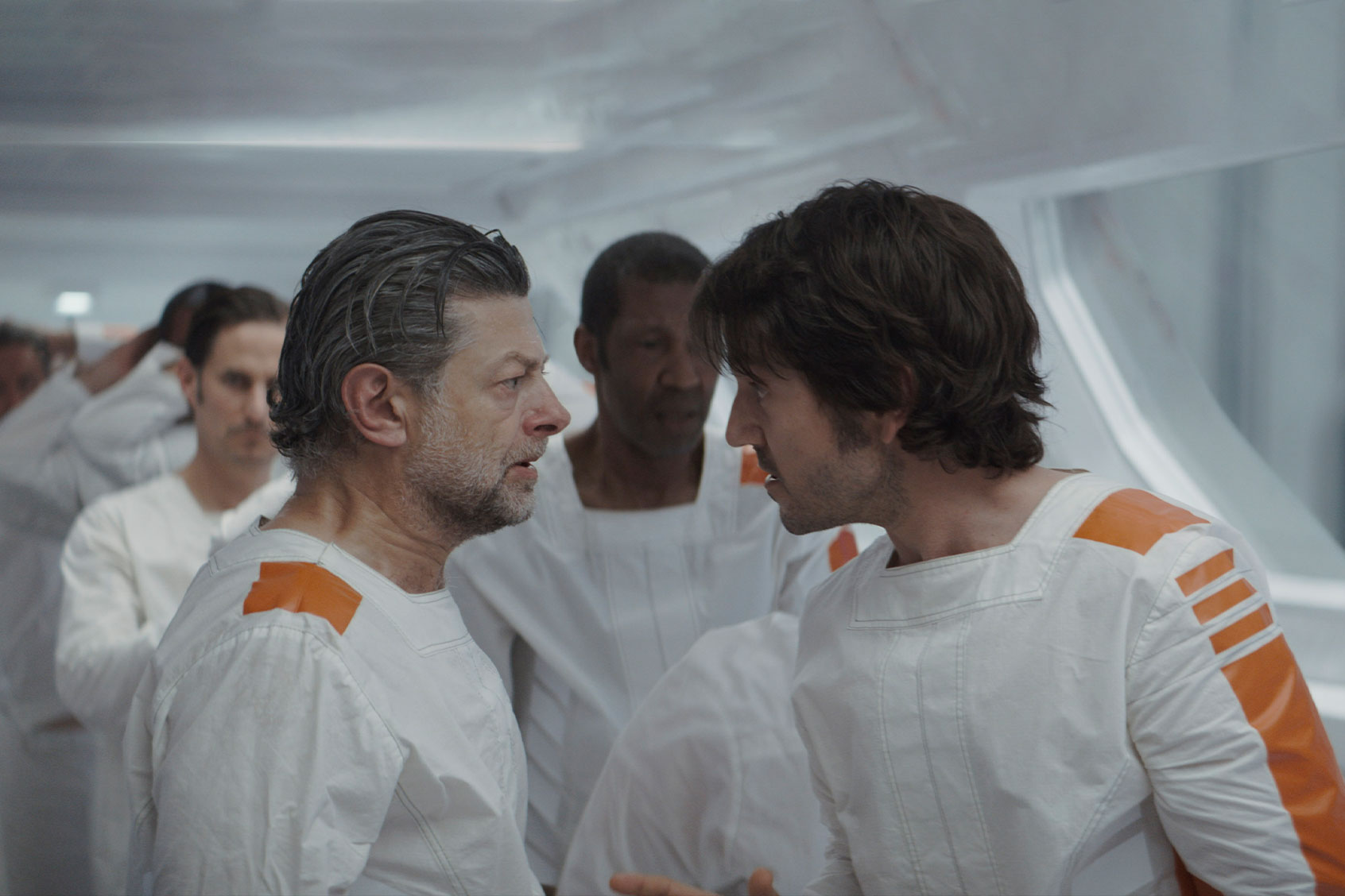 Ham (Clemens Schick), Kino Loy (Andy Serkis), Jemboc (Brian Bovell) and Cassian Andor (Diego Luna) in "Andor" (Photo courtesy of Disney+ / Lucasfilm Ltd)