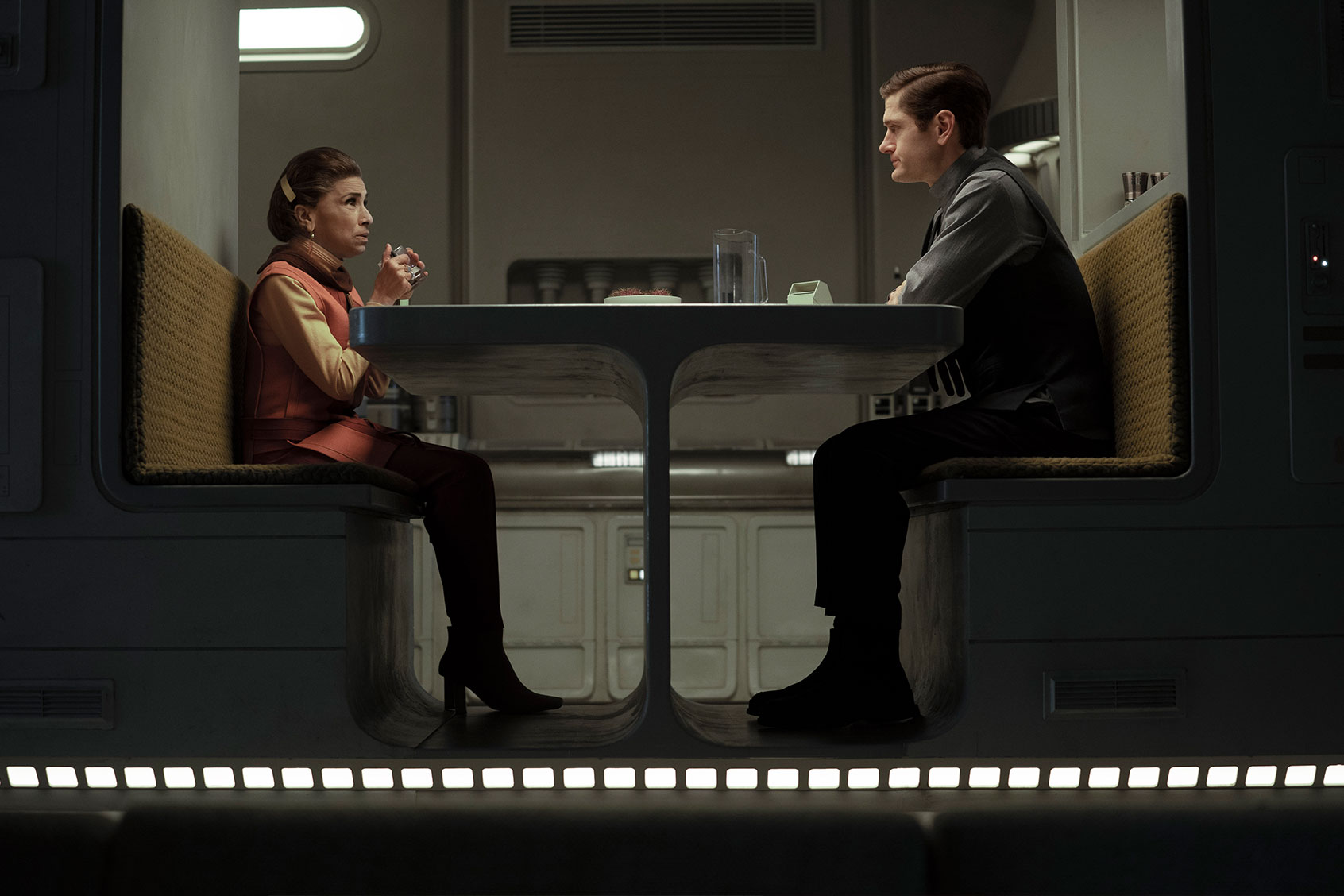 Eedy Karn (Kathryn Hunter) and Syril Karn (Kyle Soller) in "Andor" (Disney+/Lucasfilm)