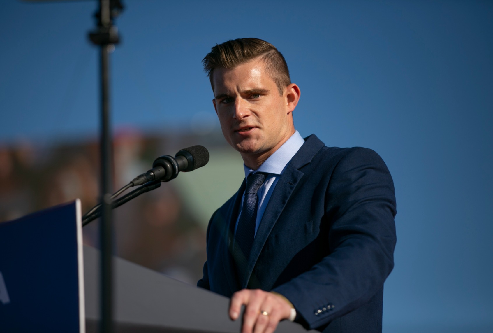 Bo Hines, a Republican candidate for US Representative is seen during a Save America rally for former President Donald Trump at the Aero Center Wilmington on September 23, 2022 in Wilmington, North Carolina. (Allison Joyce/Getty Images)