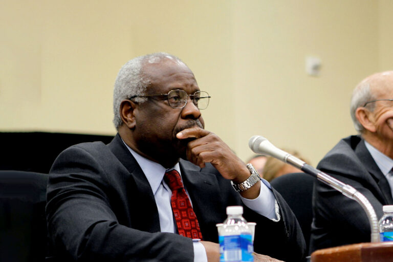U.S. Supreme Court Justices Clarence Thomas testifying during a hearing before the Financial Services and General Government Subcommittee of the House Appropriations Committee April 15, 2010 on Capitol Hill in Washington, DC. (Alex Wong/Getty Images)