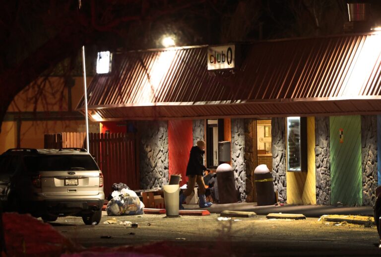 Law enforcement officials continue their investigation at the Club Q nightclub on November 21, 2022 in Colorado Springs, Colorado. (Scott Olson/Getty Images)