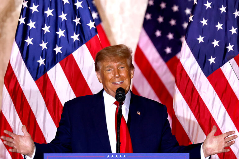 Former US President Donald Trump speaks at the Mar-a-Lago Club in Palm Beach, Florida, on November 15, 2022. (ALON SKUY/AFP via Getty Images)