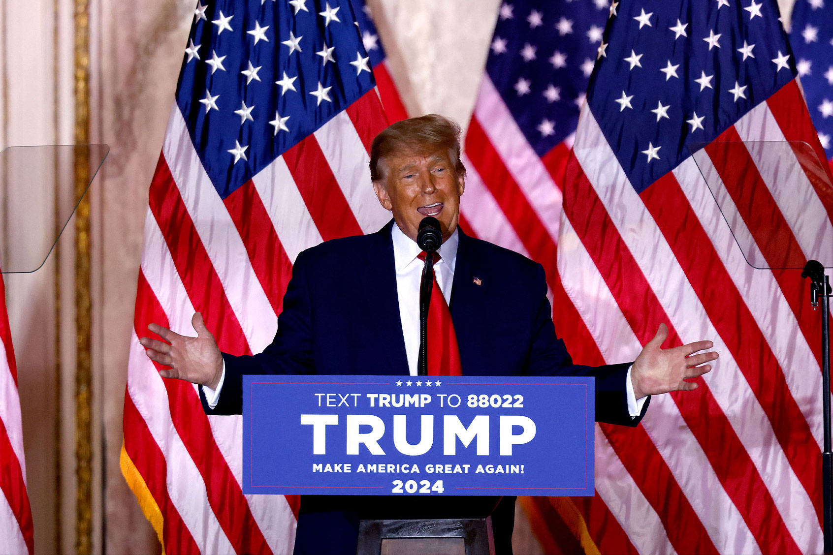 Former US President Donald Trump speaks at the Mar-a-Lago Club in Palm Beach, Florida, on November 15, 2022. (ALON SKUY/AFP via Getty Images)