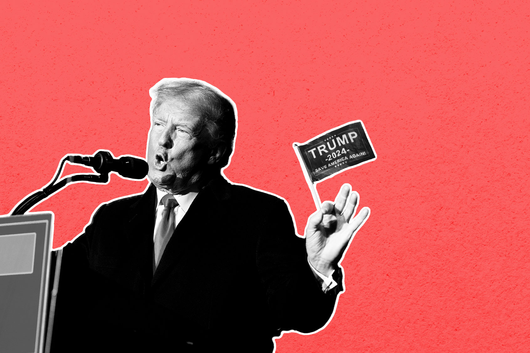 Donald Trump with "TRUMP 2024" flag (Photo illustration by Salon/Getty Images)