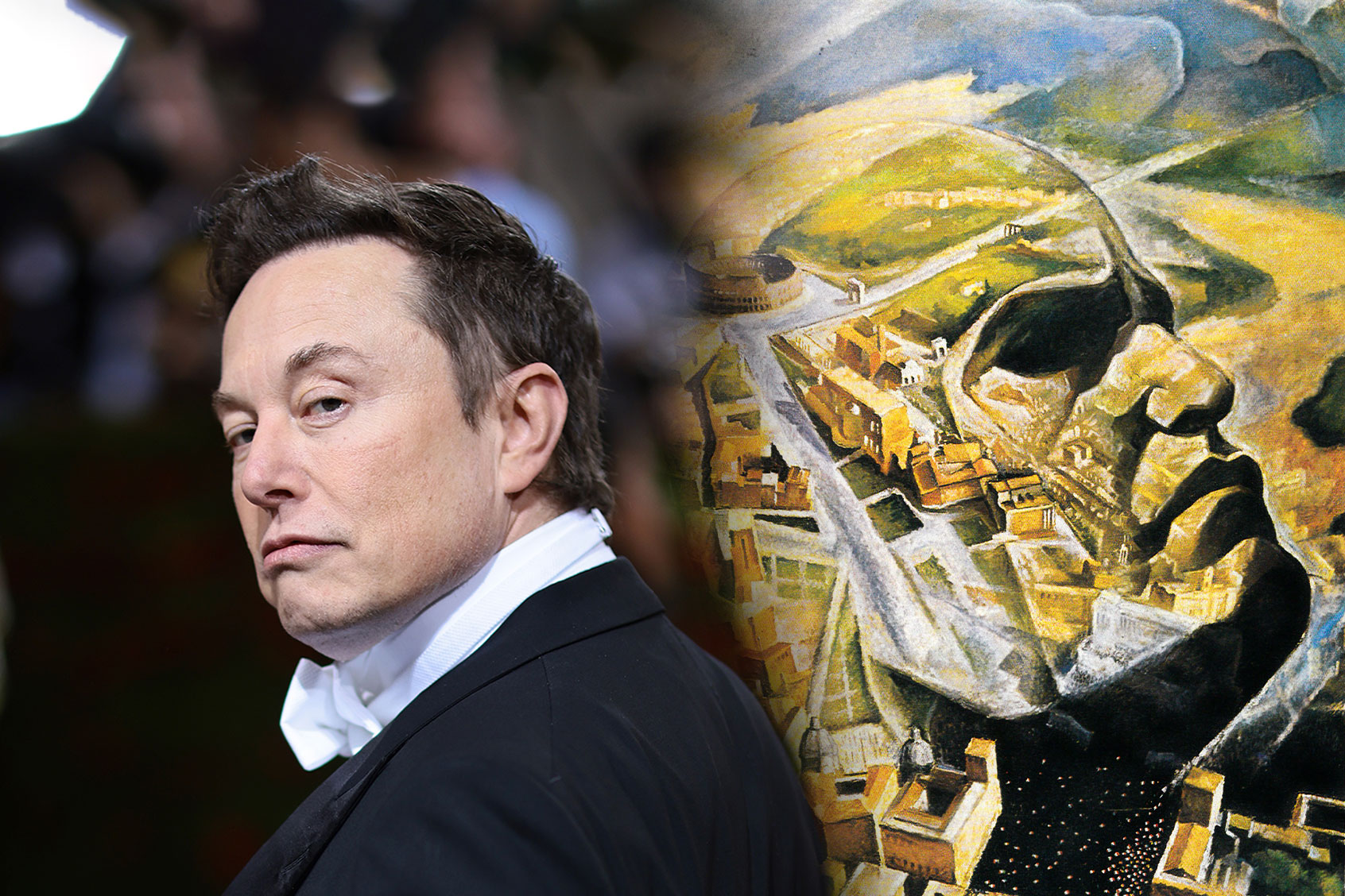 Elon Musk | "Aeroritratto di Mussolini aviatore" by Alfredo Gauro Ambrosi (Photo illustration by Salon/Getty Images/Wikimedia Commons)