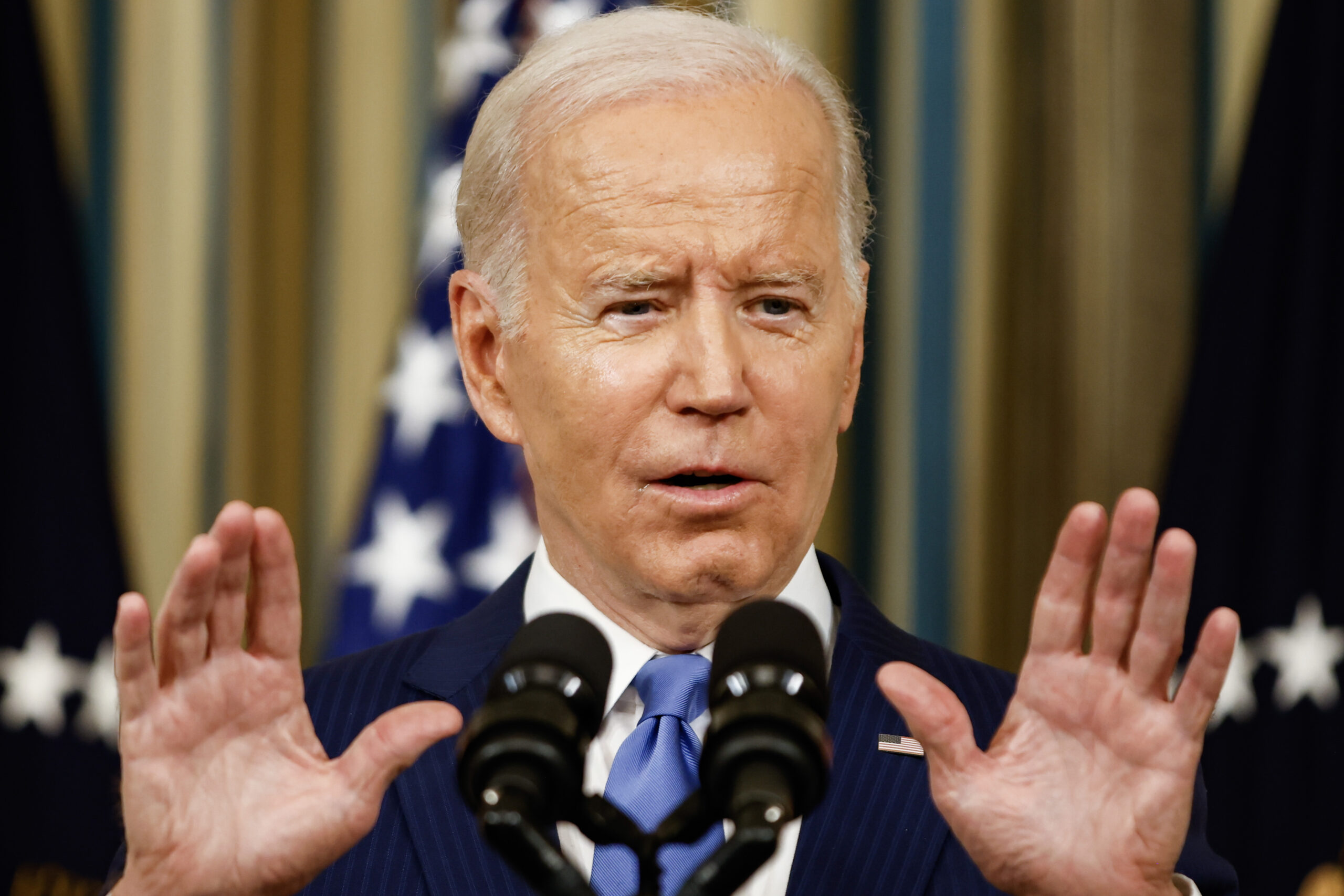 President Joe Biden takes questions from reporters in the State Dining Room at the White House on Nov. 9, 2022. (Samuel Corum/Getty Images)