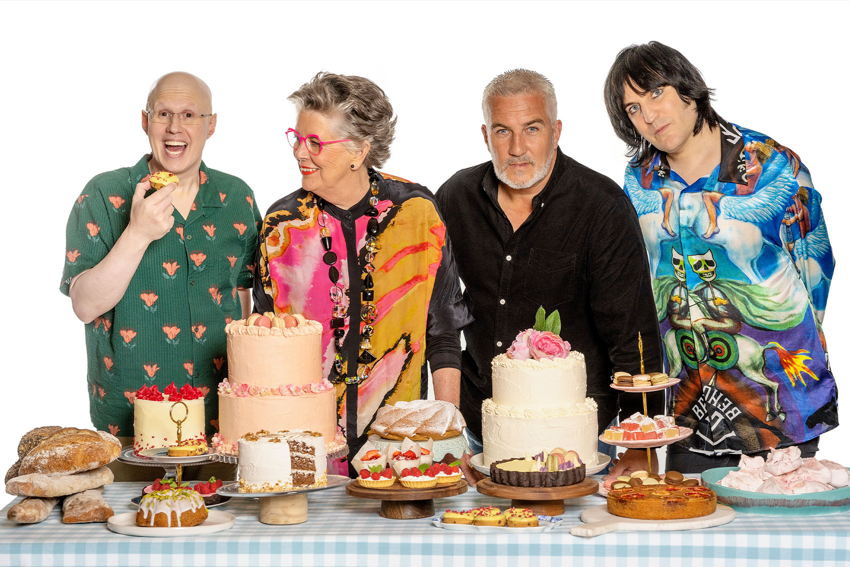 Matt Lucas, Prue Leith, Paul Hollywood and Noel Fielding of "The Great British Baking Show" (Photo courtesy of Netflix/Mark Bourdillon)