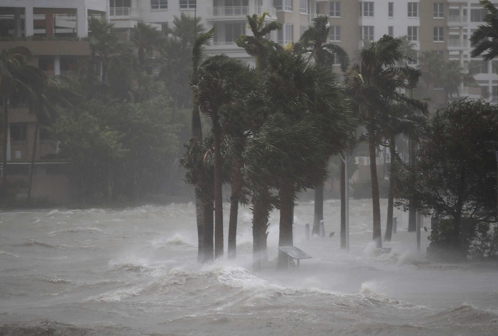 Water flows out of the Miami River to flood a walkway as Hurricane Irma passes through on September 10, 2017 in Miami, Florida. (Joe Raedle/Getty Images)