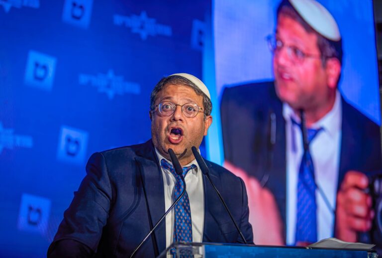Leader of the ultranationalist party Otzma Yehudity (Jewish Strength) Itamar Ben-Gvir speaks to supporters in Jerusalem on November 2, 2022. (Eyal Warshavsky/SOPA Images/LightRocket via Getty Images)